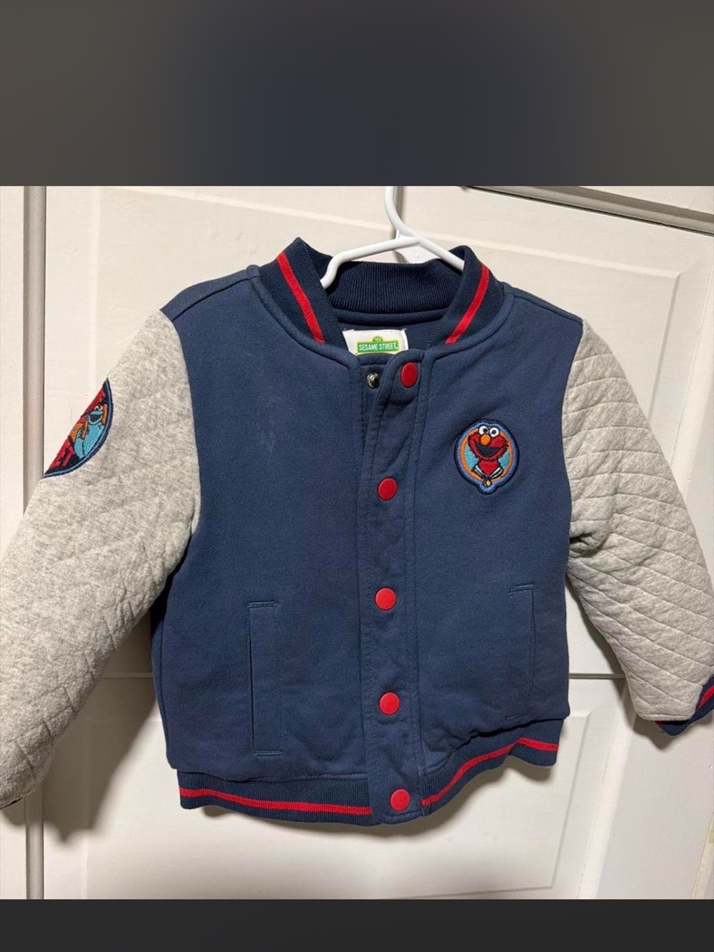 Sesame Street Navy, Gray & Red Elmo Patch Varsity Jacket